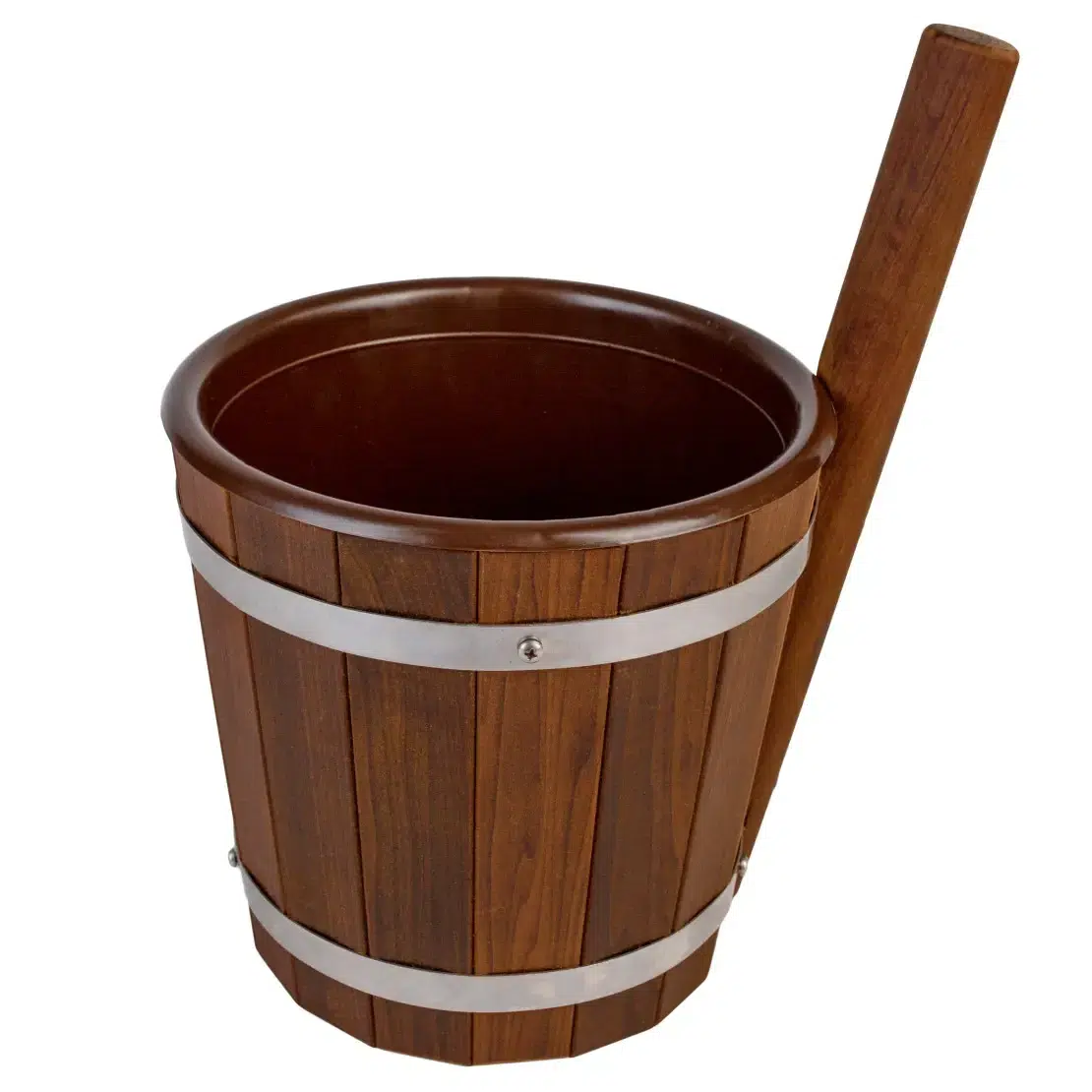 TESLI 5 L wooden sauna bucket with plastic insert, angled view with long wooden handle