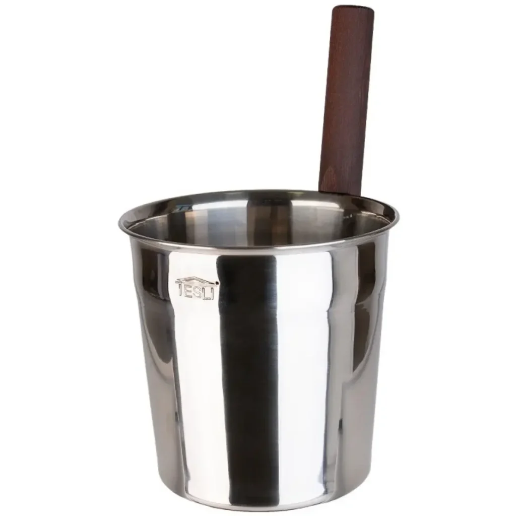TESLI 5L stainless steel sauna bucket, angled view of bucket and handle