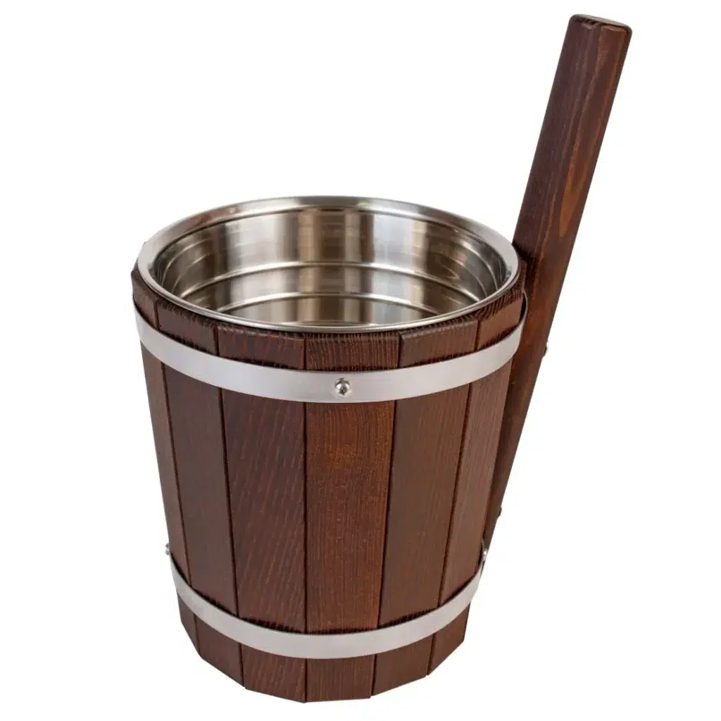 TESLI 5L THERMO wood sauna bucket with Stainless Steel Insert, angled view showing metal insert and wooden exterior