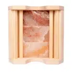 TESLI Amber Salt sauna light cover, angled view of salt panel and wooden frame