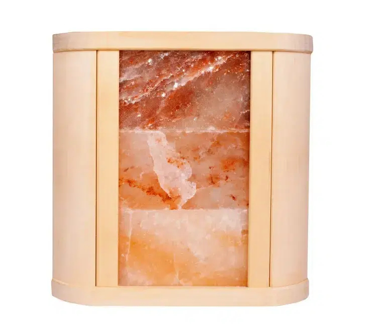 TESLI Amber Salt sauna light cover, front view of salt panel in a wooden frame