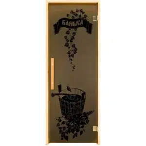 TESLI Bathhouse glass sauna door, front view with decorative sauna bucket motif