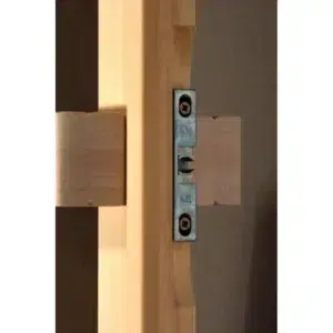 TESLI BRAVO Sauna Glass Door, close-up of door latch and wooden handle