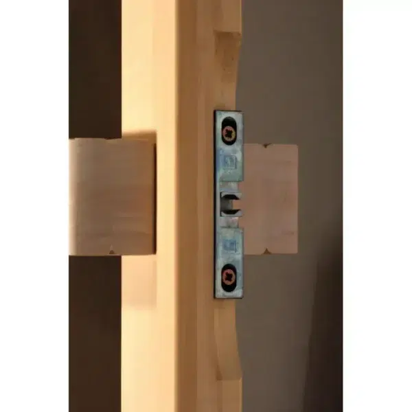 TESLI BRAVO Sauna Glass Door, close-up of door latch and wooden handle