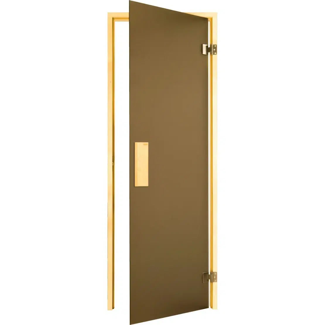Bronze-tinted TESLI glass sauna door shown open in a wooden frame