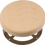 TESLI CIRCULAR Sauna Vent Cover D125 with Stainless Steel Mounting Piece, angled view showing the mounting piece