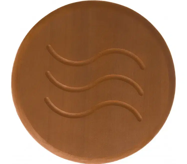 TESLI CIRCULAR THERMO wood Sauna Vent Cover D125 with Stainless Steel Mounting Piece, front view with wave pattern