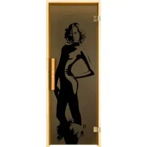 TESLI Dream glass sauna door, front view with decorative figure design