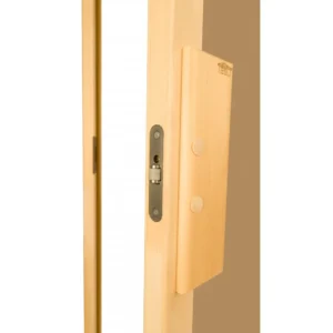 TESLI DUO Sauna Glass Door, close-up of wooden handle and latch
