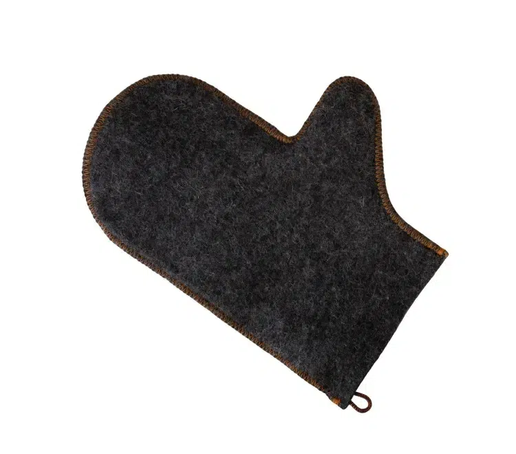 TESLI grey natural felt sauna glove, product view with hanging loop