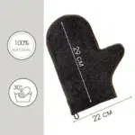 TESLI grey natural felt sauna glove, width and height annotations with care symbols
