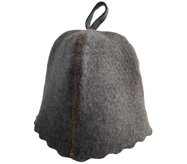 TESLI grey natural felt sauna hat, product view with hanging loop
