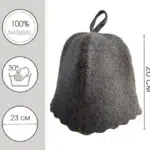 TESLI grey natural felt sauna hat, size annotations and care symbols