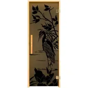 TESLI Heron glass sauna door, front view with heron and foliage design
