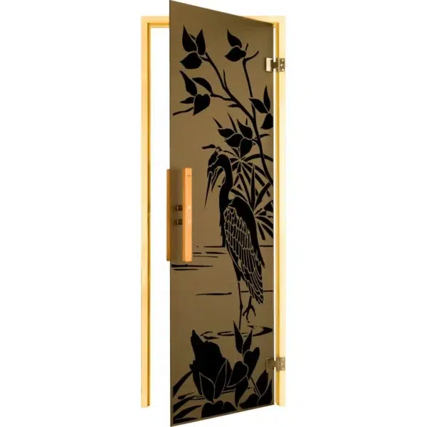 TESLI Heron glass sauna door, open door with heron and foliage design