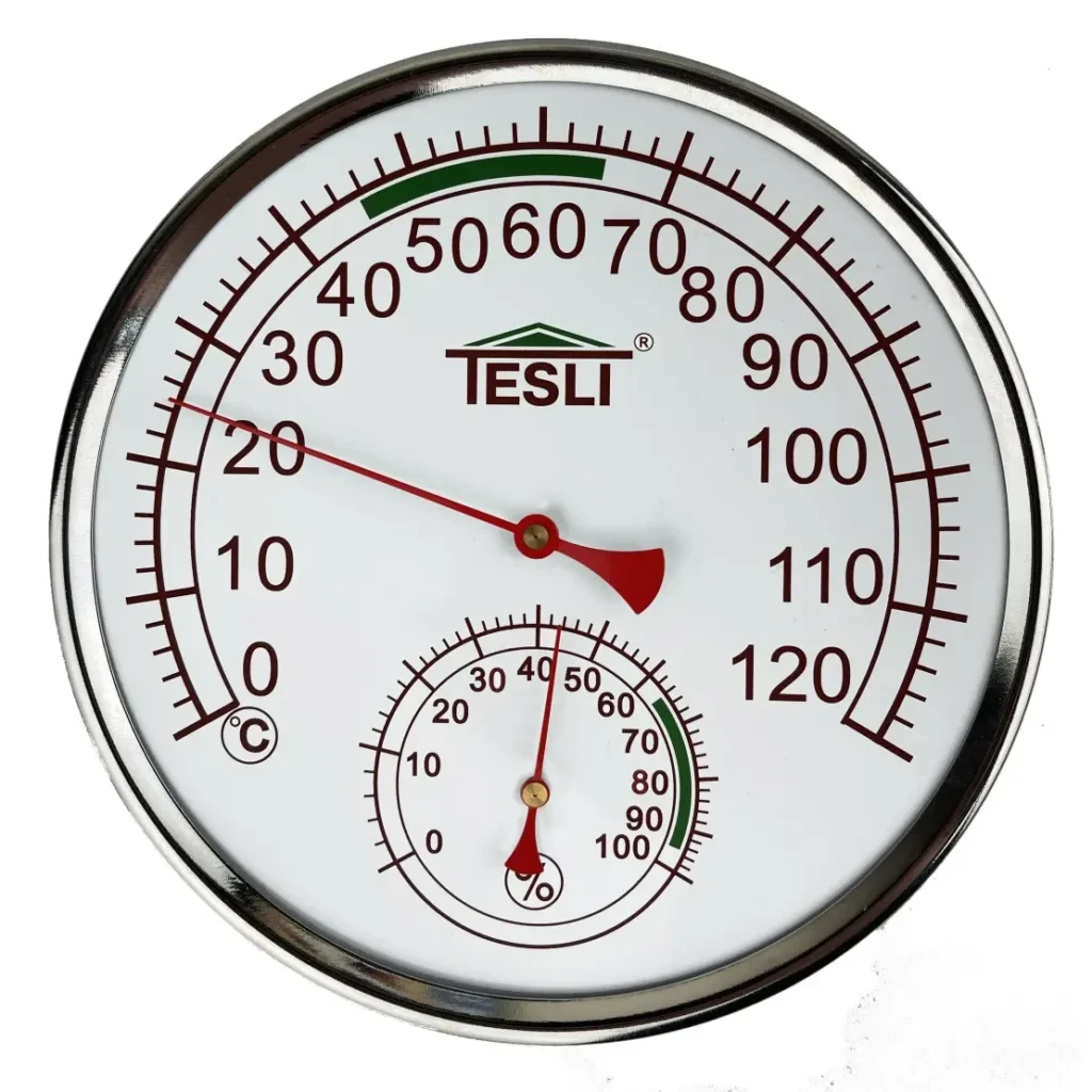 TESLI LARGE sauna thermometer and hygrometer with stainless steel frame, temperature and humidity dials