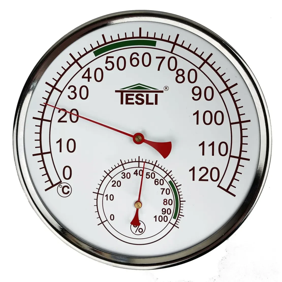 TESLI LARGE sauna thermometer and hygrometer with stainless steel frame, temperature and humidity dials