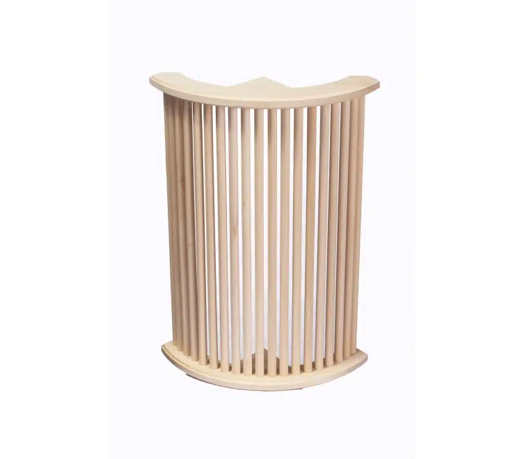 TESLI Lira sauna light cover, angled view of curved vertical wooden slats