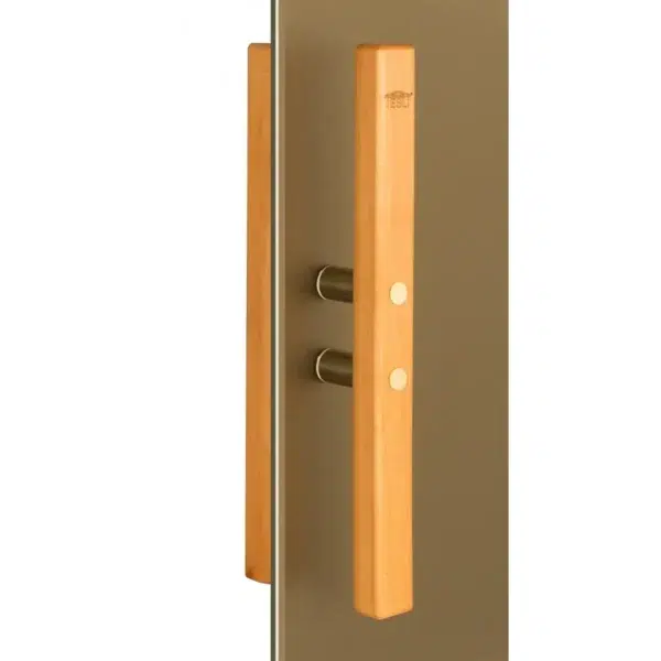 TESLI LUX MAGNETIC Sauna Glass Door, close-up of magnetic wooden handle
