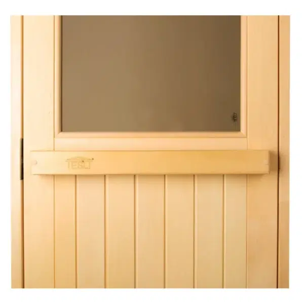 TESLI MAX Wooden Sauna Door, upper glass panel and wooden crossbar detail