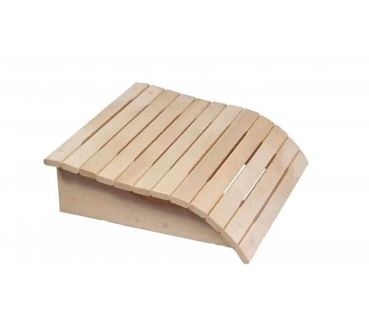 TESLI Orthopedic sauna headrest, angled view of curved wooden slats