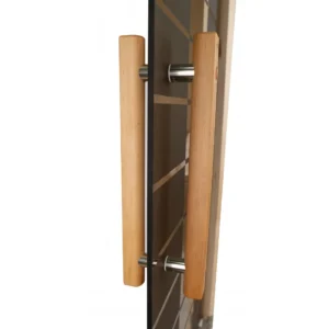 TESLI Plaza glass sauna door, close view of wooden handles on both sides of the glass