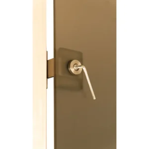 TESLI Sauna decorative glass door, close view of door fitting adjustment with a hex key