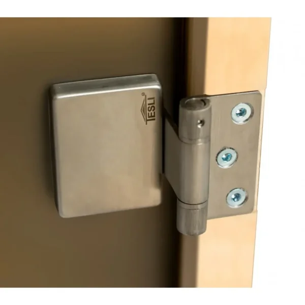 TESLI Sauna decorative glass door, close view of hinge and mounting screws