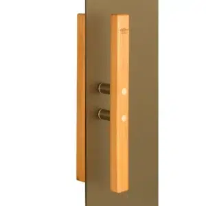 TESLI Sauna decorative glass door, close view of long wooden handle