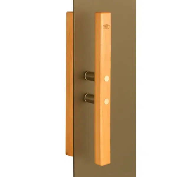 TESLI Sauna decorative glass door, close view of long wooden handle