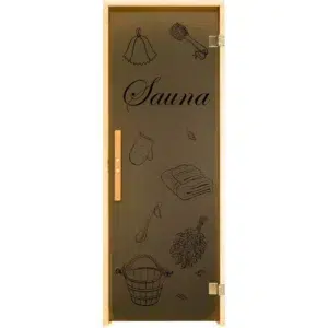TESLI Sauna decorative glass door, front view with sauna motifs and lettering