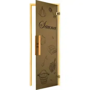 TESLI Sauna decorative glass door, open door showing decorative sauna motifs