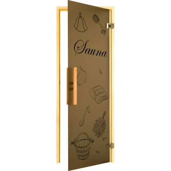 TESLI Sauna decorative glass door, open door showing decorative sauna motifs