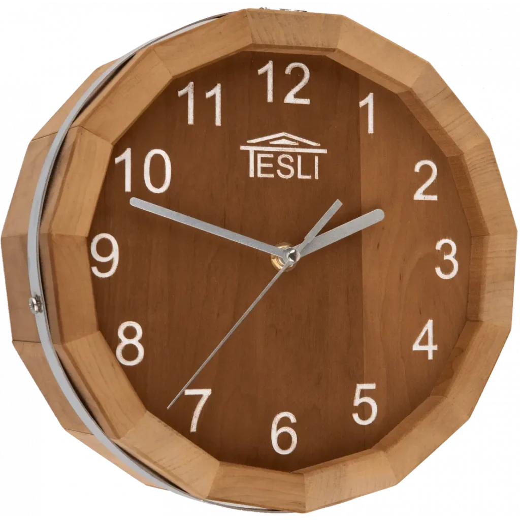 TESLI sauna wall clock from Thermo Basswood, clock face and wooden frame
