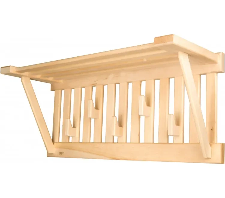 TESLI Sauna Wall Clothes & Towel Hanger, angled view of shelf and hanging rail