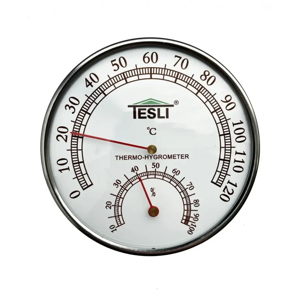TESLI SMALL Sauna Thermometer, round temperature and humidity dials