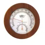 TESLI SMALL Sauna Thermometer, round temperature and humidity dials in wooden frame