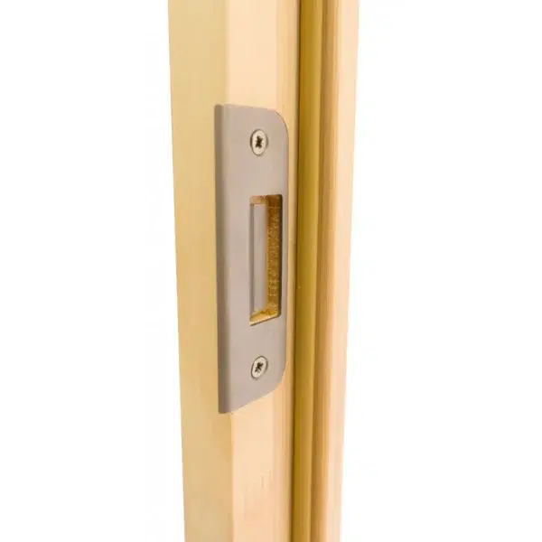 TESLI SOLID Wooden Sauna Door, close-up of latch strike plate