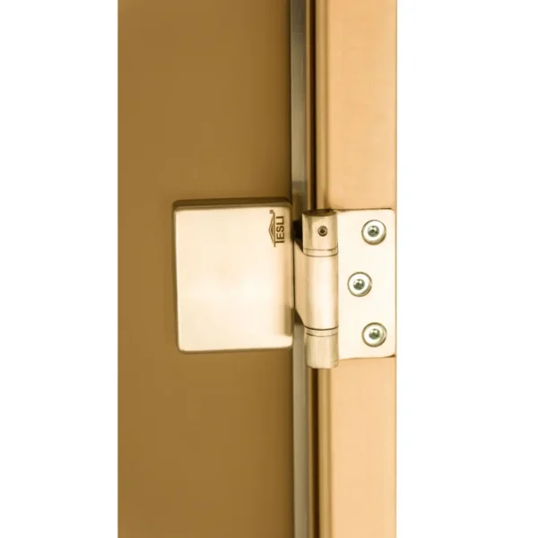 TESLI steel MAGNETIC Sauna Glass Door, close-up of glass door hinge