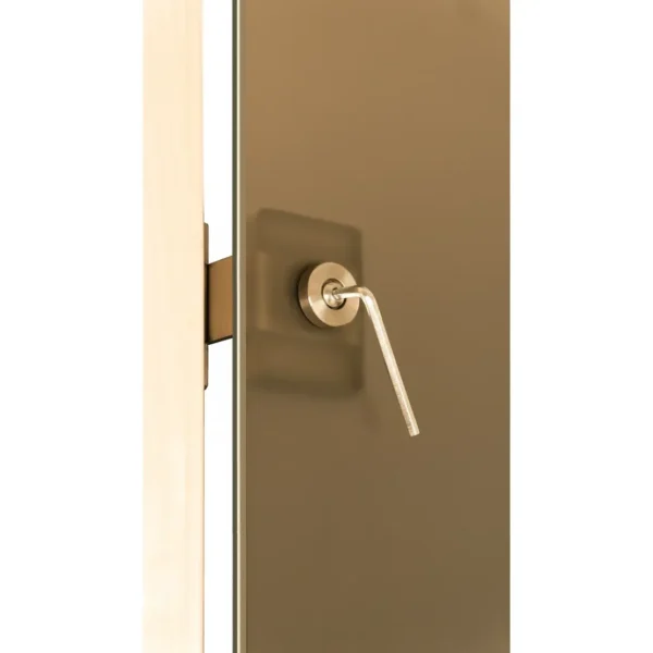 TESLI steel MAGNETIC Sauna Glass Door, close-up of hinge adjustment