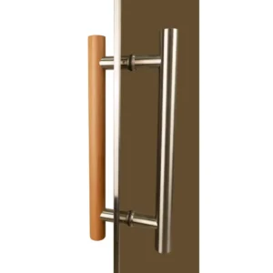 TESLI steel MAGNETIC Sauna Glass Door, wooden and metal handles viewed together