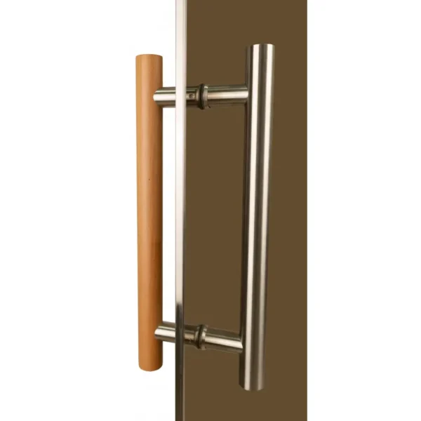 TESLI steel MAGNETIC Sauna Glass Door, wooden and metal handles viewed together