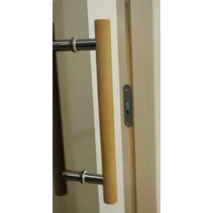 TESLI steel Sauna Glass Door, close-up of wooden handle and latch