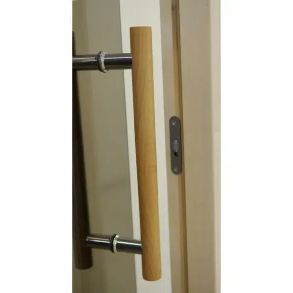 TESLI steel Sauna Glass Door, close-up of wooden handle and latch