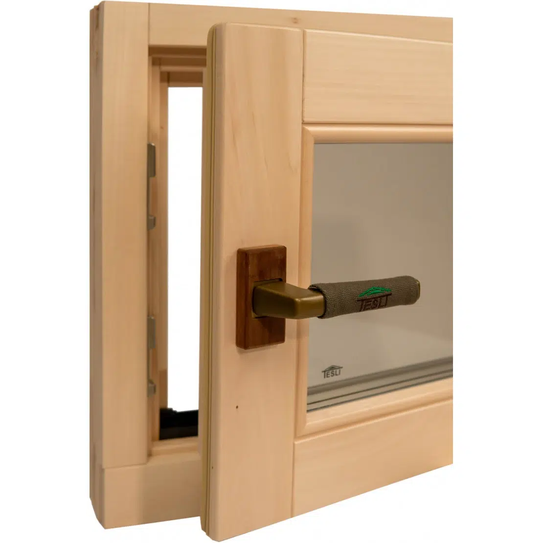 Close-up of an opening TESLI sauna window with a wooden frame and handle