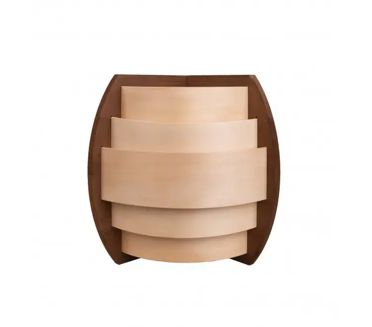TESLI Sydney Corner sauna light cover with thermo wood base, front view of pale slats and dark wooden base