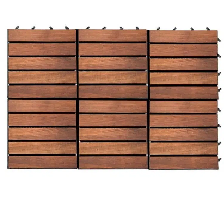 Three connected wooden sauna floor tiles with slatted surfaces