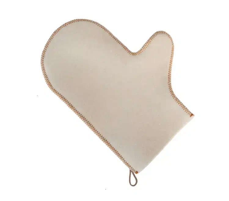 TESLI white natural felt sauna glove, product view with hanging loop