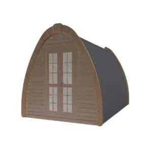 Thermowood camping pod, exterior rendering with double doors