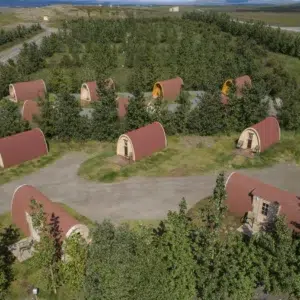 Wooden camping pod, aerial view of a camping pod site